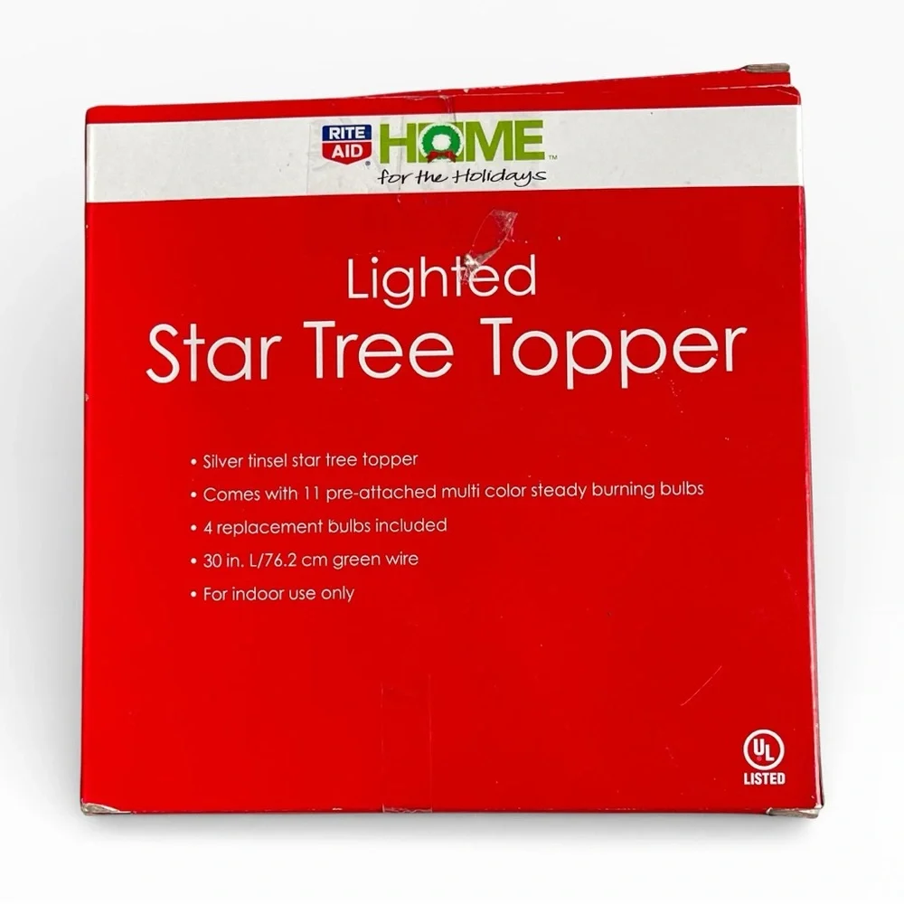 Vintage Rite Aid Silver Tinsel Mini Star Christmas Tree Topper 11 Light 6”